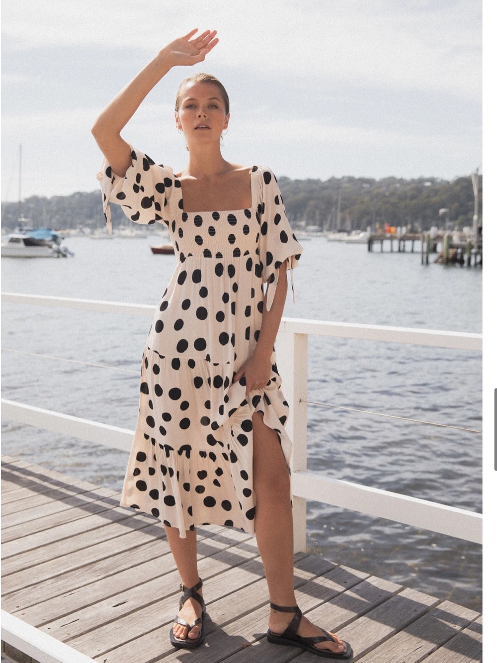 Kivari Rammy Polka Dot Tiered Maxi Dress Off-White Black Size Small